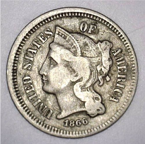 1866 P Nickel Three Cent Three Cent- Nice Coin but dirty