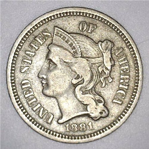 1881 P Nickel Three Cent Three Cent - Fine Detail but dirty-VF-20+