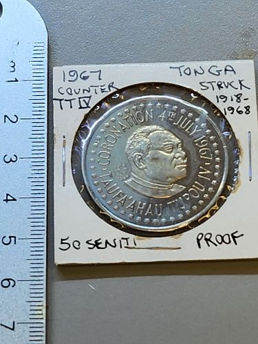 1967 Tonga 50 Seniti Proof Coin Taufa'ahau Tupou IV Coronation - countermarked