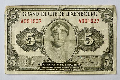 LUXEMBOURG 5 FRANCS BANKNOTE 1944