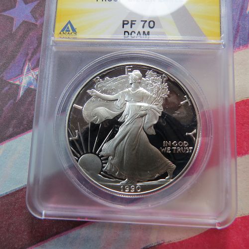 1990-S  AMERICAN SILVER EAGLE PROOF ~ ANACS PF70 DCAM ~ LOT E871