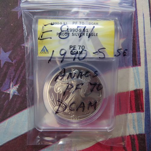 1990-S  AMERICAN SILVER EAGLE PROOF ~ ANACS PF70 DCAM ~ LOT E871