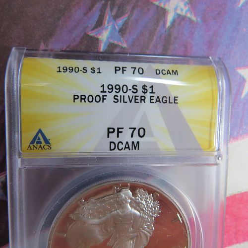 1990-S  AMERICAN SILVER EAGLE PROOF ~ ANACS PF70 DCAM ~ LOT E871