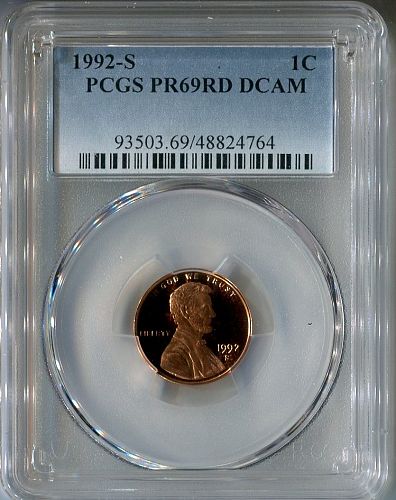 1992 - S  LINCOLN CENT   --  PCGS  --  PR 69 RD DCAM