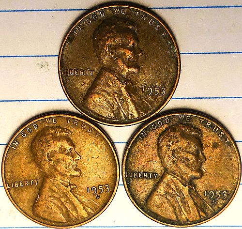 ✅3 Lincoln Wheat Cents 1953-P 1953-D & 1953-S✅