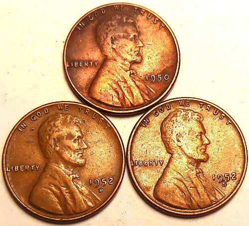 ✅3 Lincoln Wheat Cents 1950-P 1952-D 1952-S✅