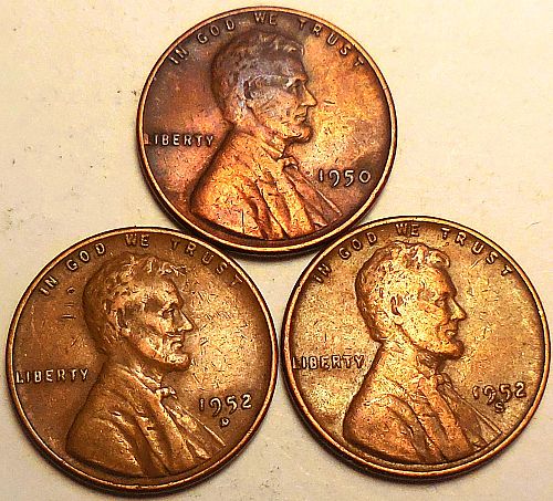 ✅3 Lincoln Wheat Cents 1950-P 1952-D 1952-S✅