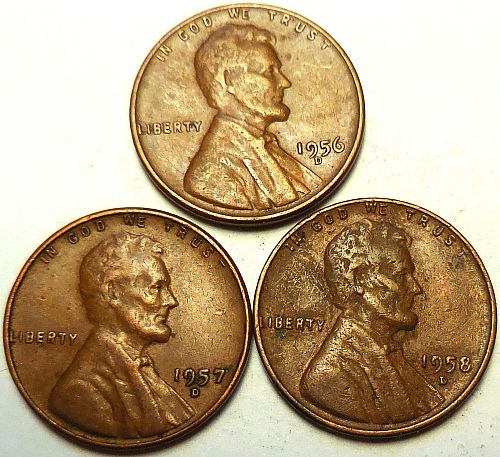 ✅3 Lincoln Wheat Cents 1956-D 1957-D 1958-D✅