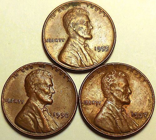 ✅3 Lincoln Wheat Cents 1955 1956 & 1957✅