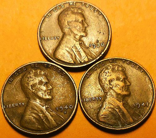 ✅3 Lincoln Wheat Cents 1936-P 1940-S & 1941-P✅