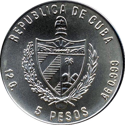 Cuba 1986 Silver 5 peso Mexico World Cup soccer(football)