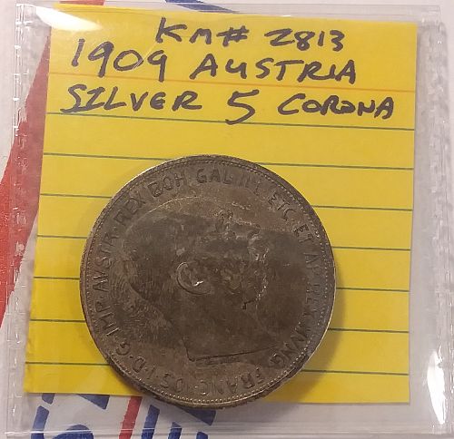 1909 Austria Silver 5 Corona KM # 2813