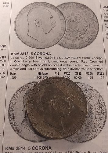 1909 Austria Silver 5 Corona KM # 2813