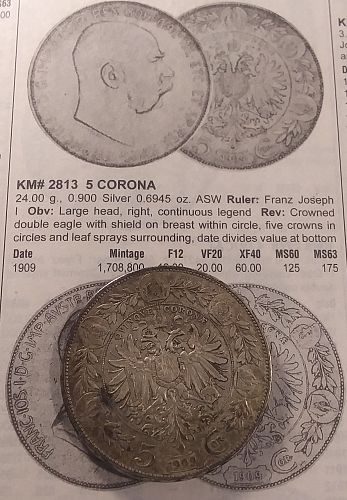 1909 Austria Silver 5 Corona KM # 2813