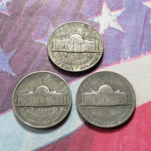 1945-P 1943-P & 1944-P SILVER WAR NICKELS (35% SILVER) (World War II ERA) ~ LOT E992