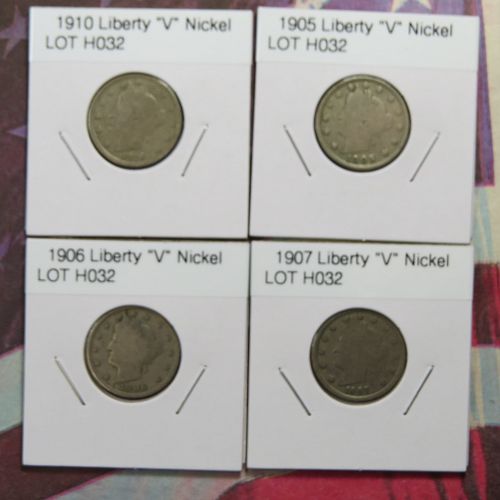 1910 1905 1906 1907 LIBERTY "V" NICKELS  ~ LOT OF 4 ~ LOT H032