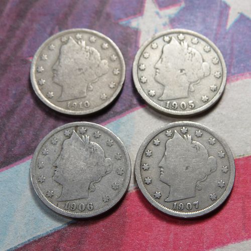 1910 1905 1906 1907 LIBERTY "V" NICKELS  ~ LOT OF 4 ~ LOT H032