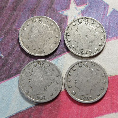 1910 1905 1906 1907 LIBERTY "V" NICKELS  ~ LOT OF 4 ~ LOT H032