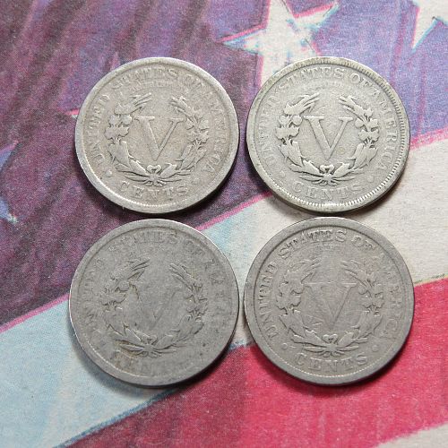 1910 1905 1906 1907 LIBERTY "V" NICKELS  ~ LOT OF 4 ~ LOT H032