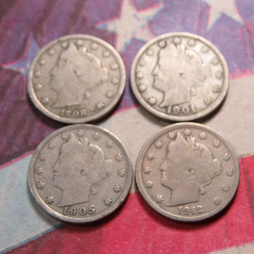 1908 1901 1905 1912 LIBERTY "V" NICKELS  ~ LOT OF 4 ~ LOT H034