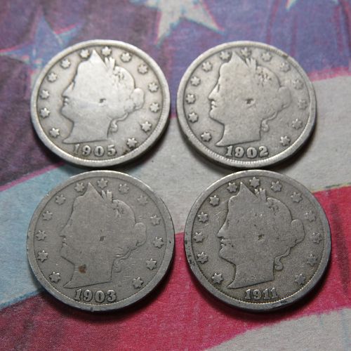 1905 1902 1903 1911 LIBERTY "V" NICKELS  ~ LOT OF 4 ~ LOT H037