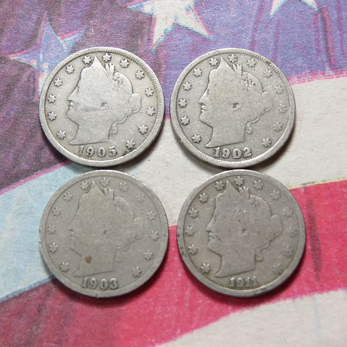 1905 1902 1903 1911 LIBERTY "V" NICKELS  ~ LOT OF 4 ~ LOT H037