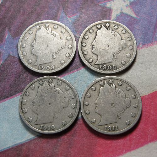 1903 1906 1910 1911 LIBERTY "V" NICKELS  ~ LOT OF 4 ~ LOT H038