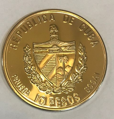 Rare Cuba 1995 Goldplated Prueba 10 peso Jose Marti-only 100 issued.