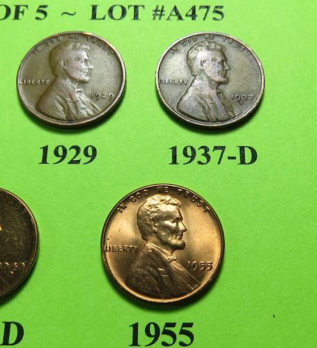1918-S 29 37-D 49-D & 55 ~ 5 LINCOLN WHEAT CENTS FROM 5 DIFF. DECADES ~ LOT A475