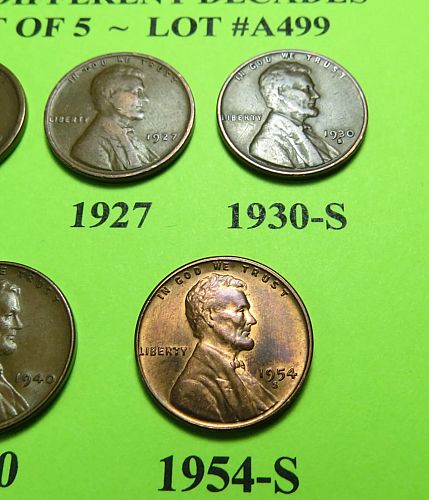 1919-D 27 30-S 40 & 54-S ~ 5 LINCOLN WHEAT CENTS FROM 5 DIFF. DECADES ~ LOT A499