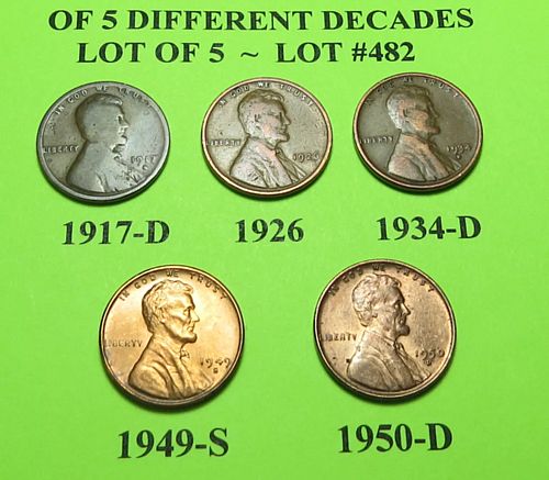 1917-D 26 34-D 49-S & 50-D ~ 5 LINCOLN WHEAT CENTS FROM 5 DIFF. DECADES ~ LOT A482