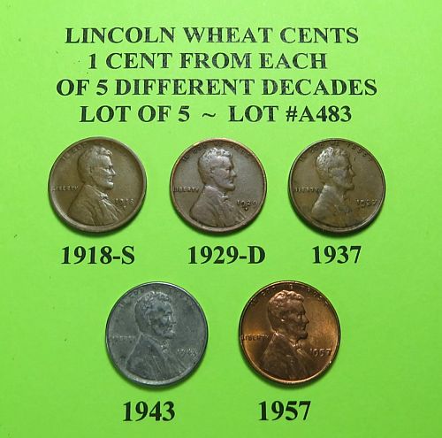 1918-S 29-D 37 43 & 57 ~ 5 LINCOLN WHEAT CENTS FROM 5 DIFF. DECADES ~ LOT A483