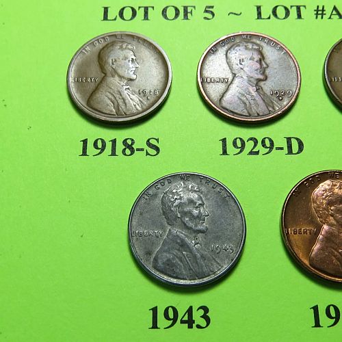1918-S 29-D 37 43 & 57 ~ 5 LINCOLN WHEAT CENTS FROM 5 DIFF. DECADES ~ LOT A483