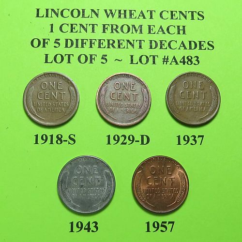 1918-S 29-D 37 43 & 57 ~ 5 LINCOLN WHEAT CENTS FROM 5 DIFF. DECADES ~ LOT A483