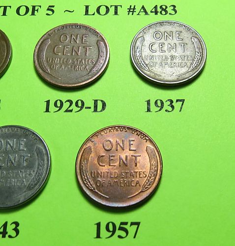 1918-S 29-D 37 43 & 57 ~ 5 LINCOLN WHEAT CENTS FROM 5 DIFF. DECADES ~ LOT A483