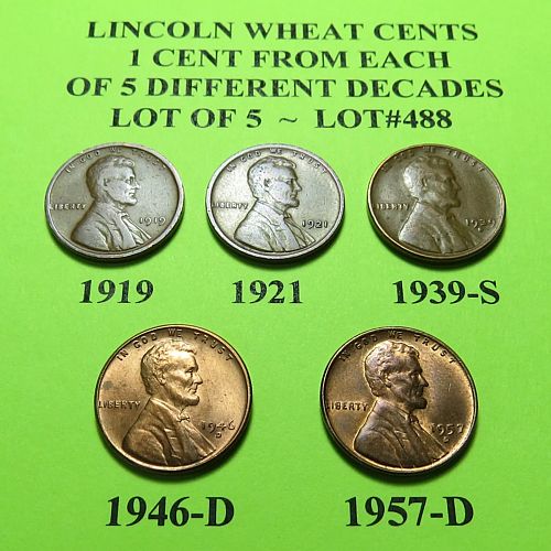 1919 21 39-S 46-D & 57-D ~ 5 LINCOLN WHEAT CENTS FROM 5 DIFF. DECADES ~ LOT A488