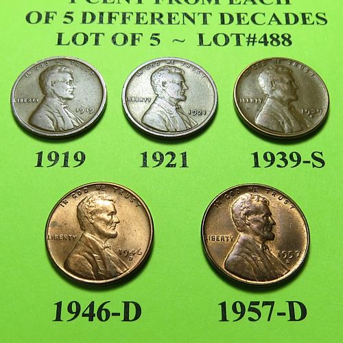 1919 21 39-S 46-D & 57-D ~ 5 LINCOLN WHEAT CENTS FROM 5 DIFF. DECADES ~ LOT A488