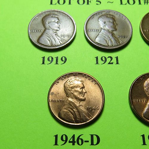 1919 21 39-S 46-D & 57-D ~ 5 LINCOLN WHEAT CENTS FROM 5 DIFF. DECADES ~ LOT A488
