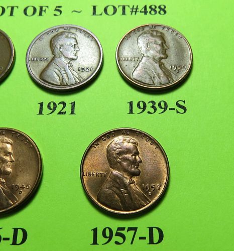 1919 21 39-S 46-D & 57-D ~ 5 LINCOLN WHEAT CENTS FROM 5 DIFF. DECADES ~ LOT A488
