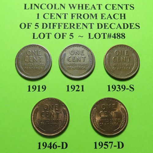 1919 21 39-S 46-D & 57-D ~ 5 LINCOLN WHEAT CENTS FROM 5 DIFF. DECADES ~ LOT A488