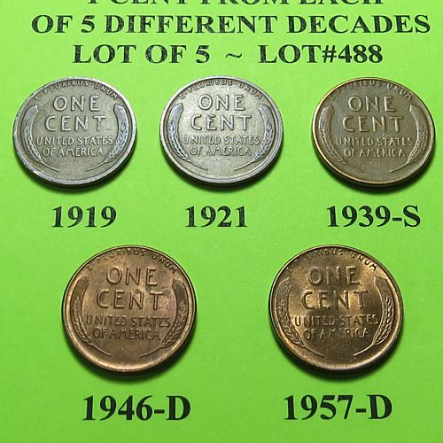 1919 21 39-S 46-D & 57-D ~ 5 LINCOLN WHEAT CENTS FROM 5 DIFF. DECADES ~ LOT A488