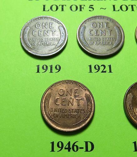 1919 21 39-S 46-D & 57-D ~ 5 LINCOLN WHEAT CENTS FROM 5 DIFF. DECADES ~ LOT A488