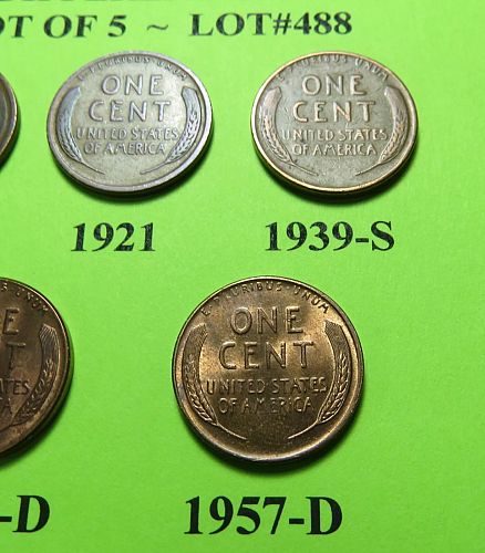 1919 21 39-S 46-D & 57-D ~ 5 LINCOLN WHEAT CENTS FROM 5 DIFF. DECADES ~ LOT A488