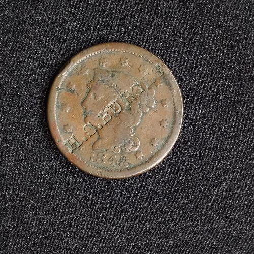 Braided Hair 1848 Large Cent Merchant Stamped H.S. BURGES