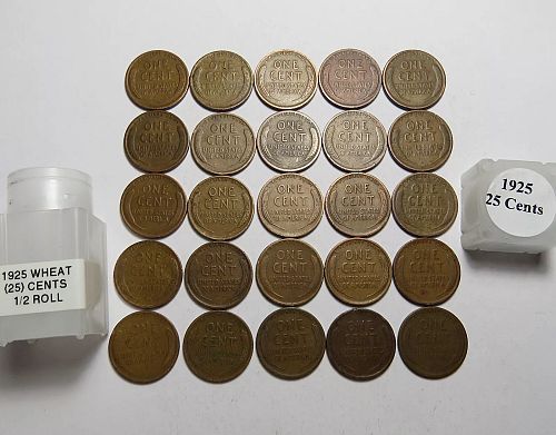 LOT OF 25 - HALF ROLL of 1925 LINCOLN WHEAT CENTS (25-CENTS) LOT S121