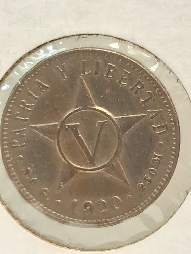 1920 Cuba Cinco Centavos V 5 Cents VF Republica De Patria Y Libertad Copper Nickel