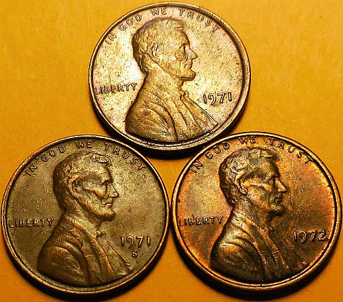✅3 Lincoln Cents 1971-P 1971-S & 1972-P✅