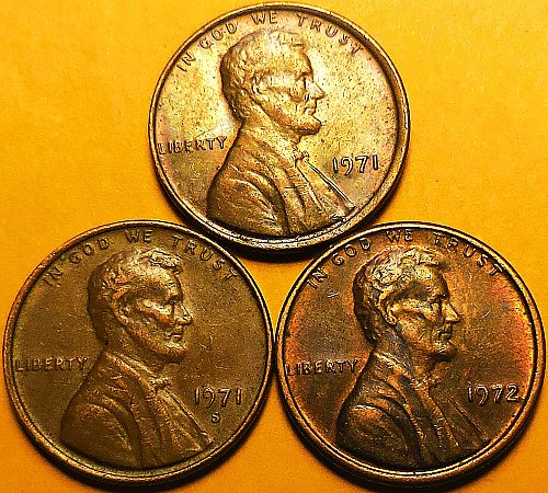 ✅3 Lincoln Cents 1971-P 1971-S & 1972-P✅