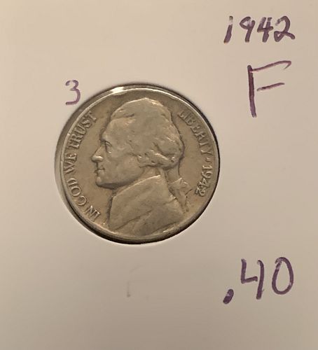 1942 JEFFERSON NICKEL F COND BIN .40