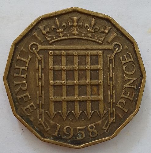 1958     3 Pence Brass Circulated  coin ELIZABETH..